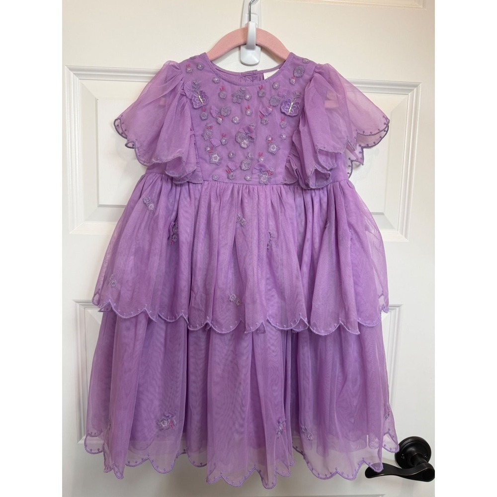 27.Next Girls Purple Tiered Mesh Floral Butterfly Embroidered Party Dress 5-6Yrs